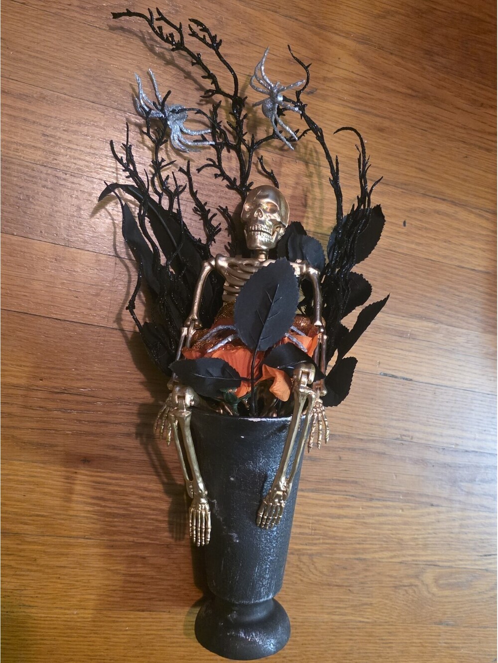 Unique Halloween Skeleton Floral Arrangement - Gothic Vase with Golden Skeleton
